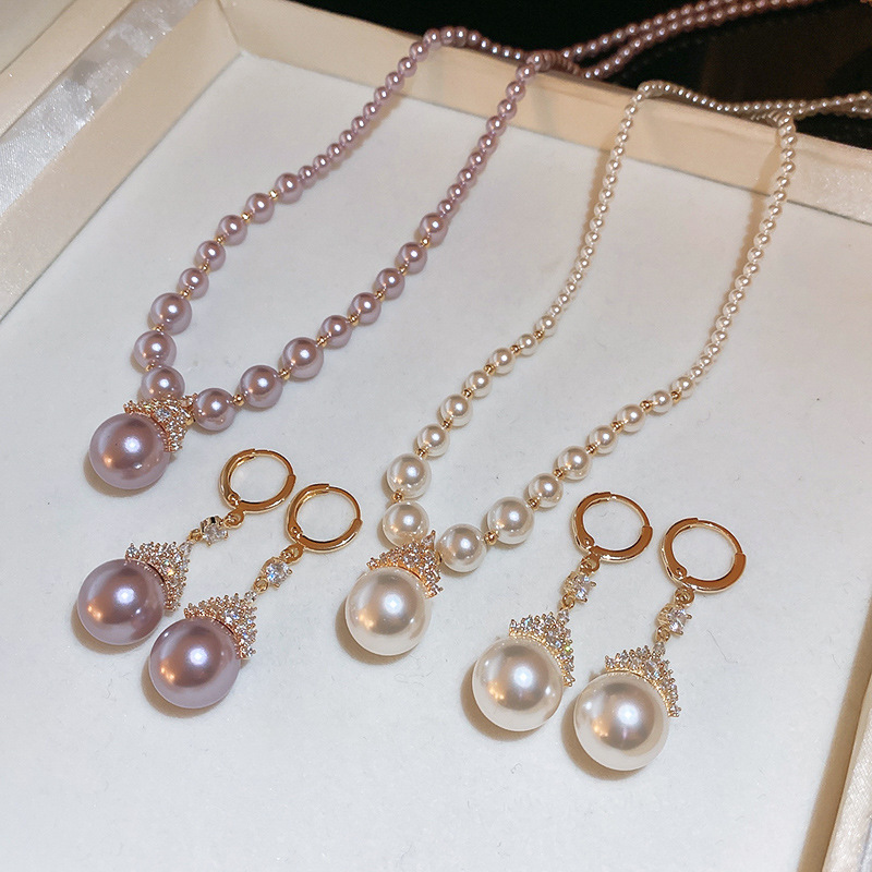 真金电镀圆形珍珠款耳钉项链套装小众耳环时尚气质耳饰轻奢高级感详情5