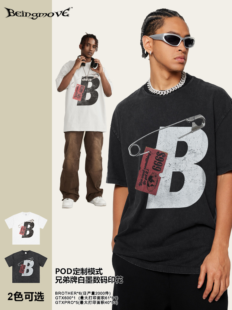 2025 verano estilo de moda americana pin nicho de diseño camiseta de hombre pesada camiseta de manga corta pareja al por mayor
