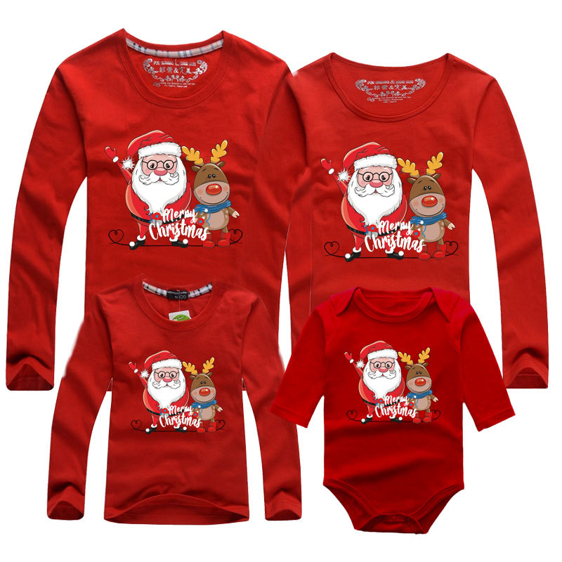 Rojo Santa Claus camisa de manga larga tocando fondo nuevo padre-niño ropa de los niños mono cuello redondo de los hombres y las mujeres de manga larga Camiseta