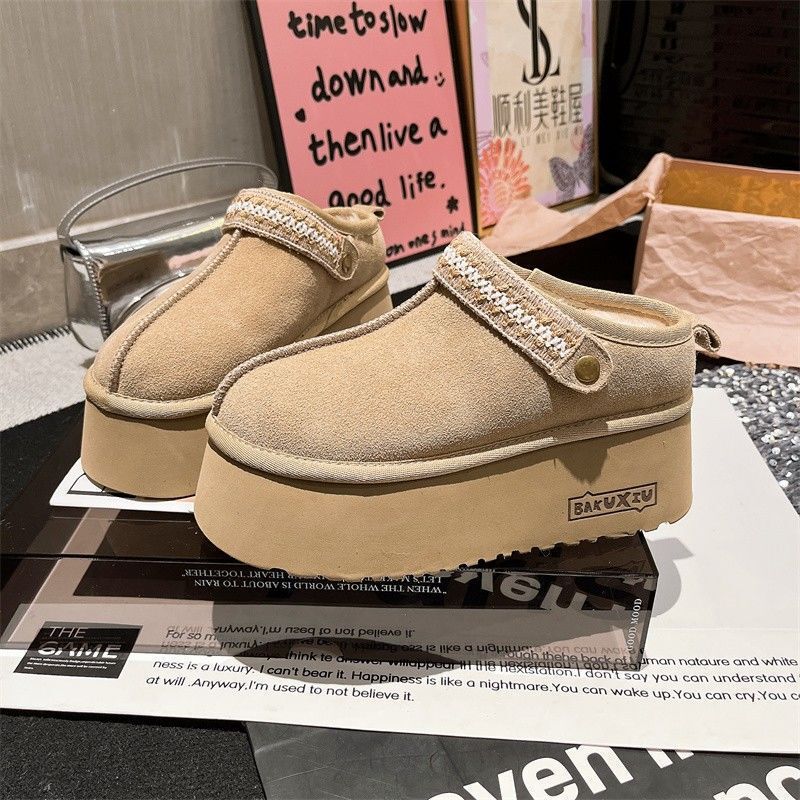 Thick-Soled Height-Increasing Birkenstock-Style Snow Boots, Half-Slipper Women's Winter Plush Warm Slippers, 2065 New Model, Suitable for Outdoor Wear