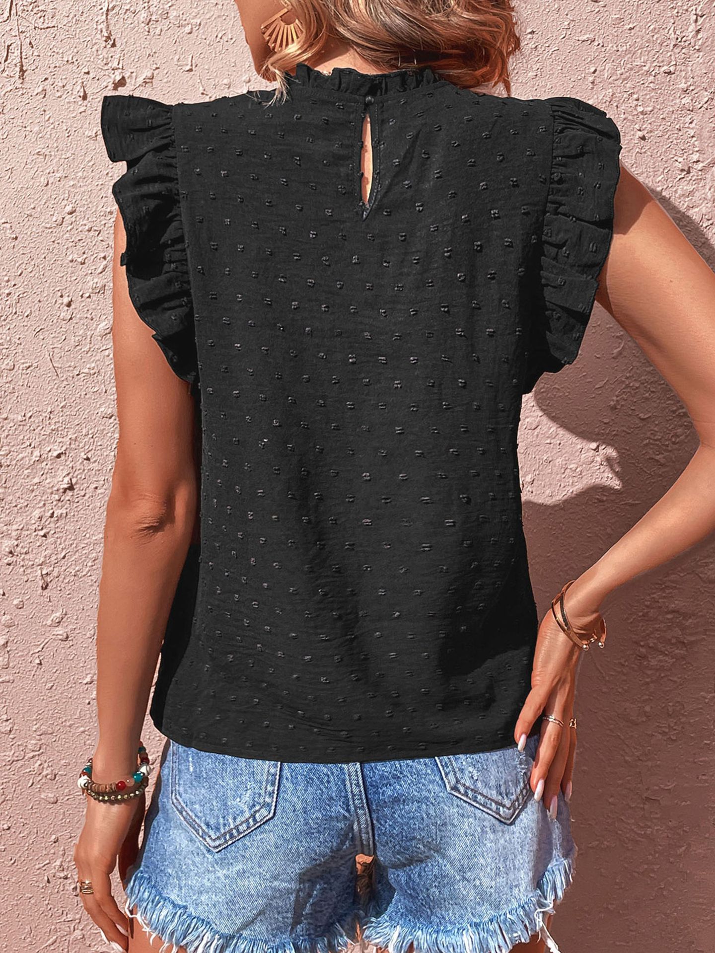 Solid Color Lace Splicing Flying Sleeve Pullover Jacquard Shirt_voghion.com