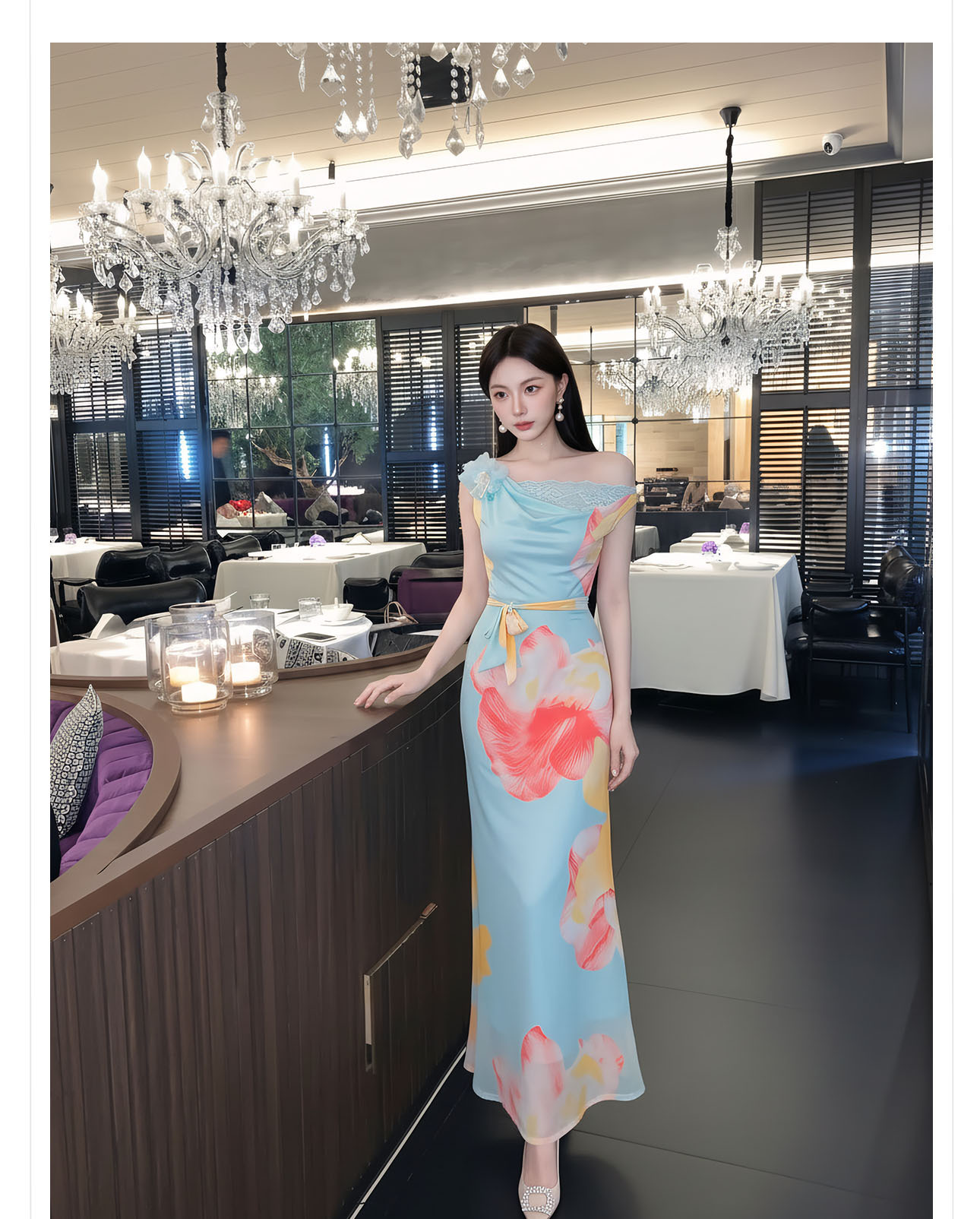 Đầm maxi nữ thắt eo phong cách tân cổ điển họa tiết in hoa dây rua — màu xanh nhạt chi tiết 9