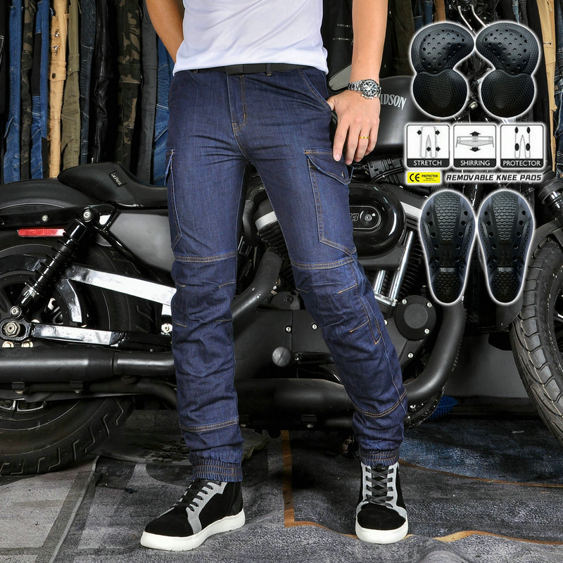 VOLERO motocicleta jeans hombres casual retro tobillo atado motocicleta kaudula pantalones de montar resistente al desgaste resistente al desgarro