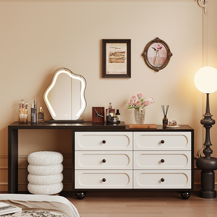 French Mid-Century Style Dressing Table and Cupboard Integrated Modern Bedroom Simple Bedside Cabinet 2025 New Retro Dressing Table