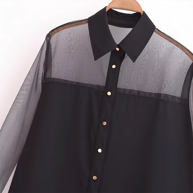 2024 autumn and winter new women's clothing fashion all-match temperament transparent hard yarn stitching long sleeve lapel casual shirt top