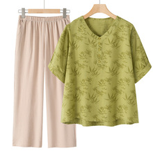 丝麻套装女刺绣短袖T恤2025夏季新款中年妈妈装两件套裤子上衣