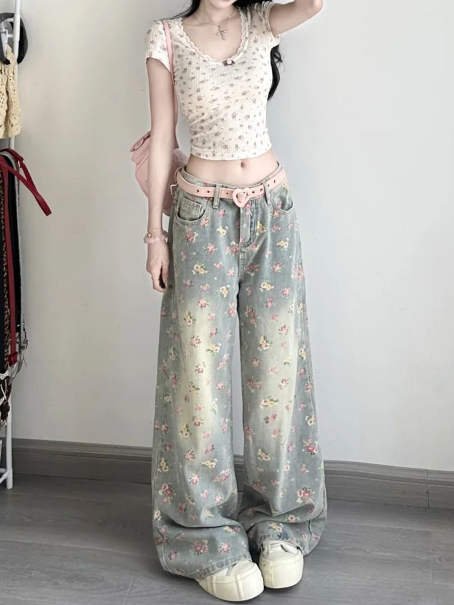 Damen Jeans Mit Blumenmuster Vintage Schnitt Hohe Taille Weit_voghion.com