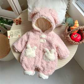 韩版婴儿冬季夹棉毛毛连体衣女宝宝可爱小兔子加绒保暖冬装外出服