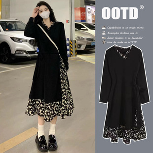 Autumn nursing clothes fake two beautiful floral stitching waist slimming out of nursing dress black