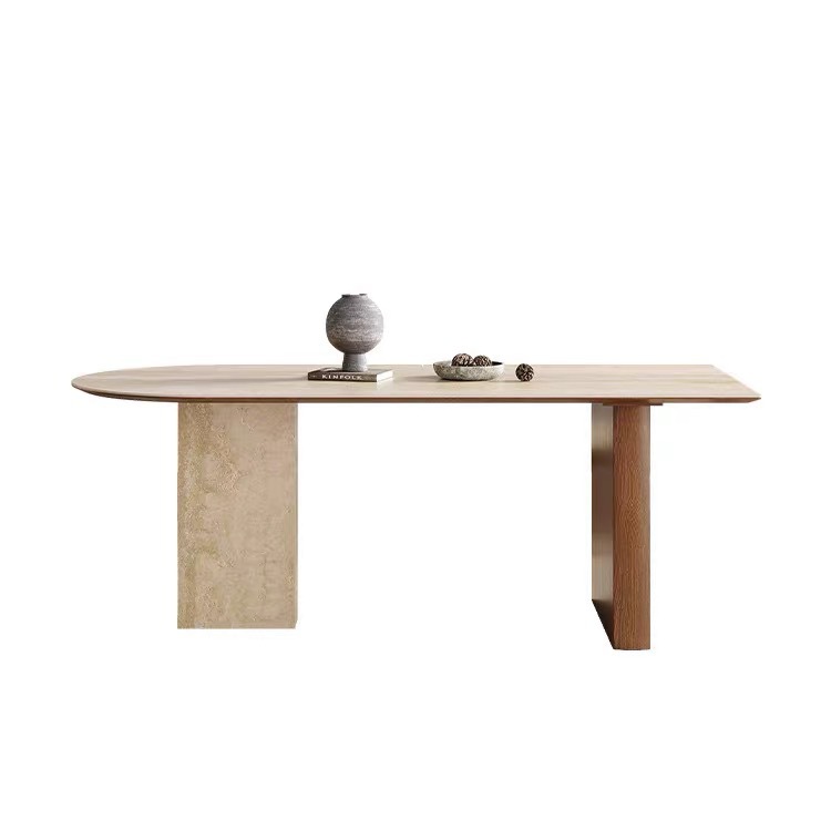 Mesa de comedor de madera sólida medieval de piedra y tabla de roca de diseño retrógrado de estilo francés, mesa de comedor de isla semi-elíptica creativa