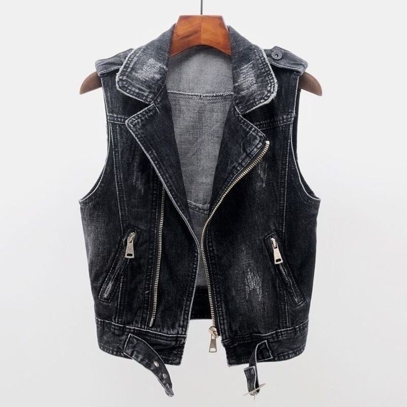 Women's Denim Vest New Spring and Autumn Short Versatile Ripped Biker Jacket Sleeveless Suit Collar Outerwear Women's Denim Vest New Spring and Autumn Short Versatile Ripped Biker Jacket Sleeveless Suit Collar Outerwear