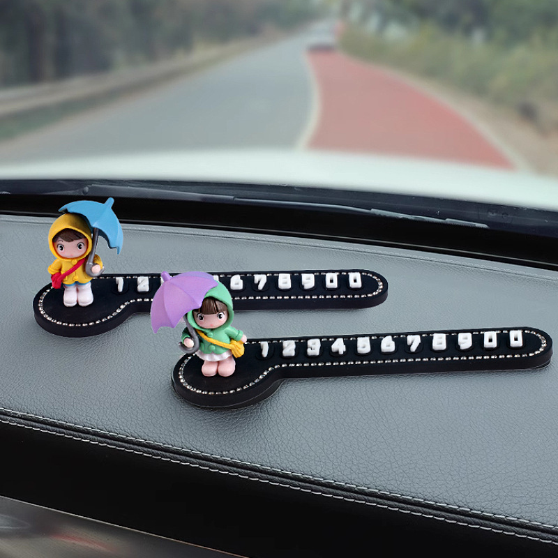 Tarjeta de estacionamiento temporal para automóvil, placa de número de diamante, movimiento de automóvil, placa de teléfono, paraguas, niña de dibujos animados, mujer
