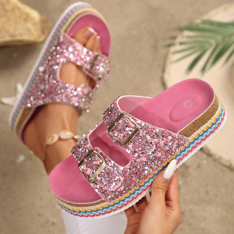 Cross-Border Sequined Platform Double-Buckle Beach Slippers 2025 Summer New Thick-Soled Cork Outdoor European and American Style Sandals for Women
