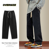 Джинсы, осенние штаны, в американском стиле, оверсайз, эластичная талия, свободный прямой крой