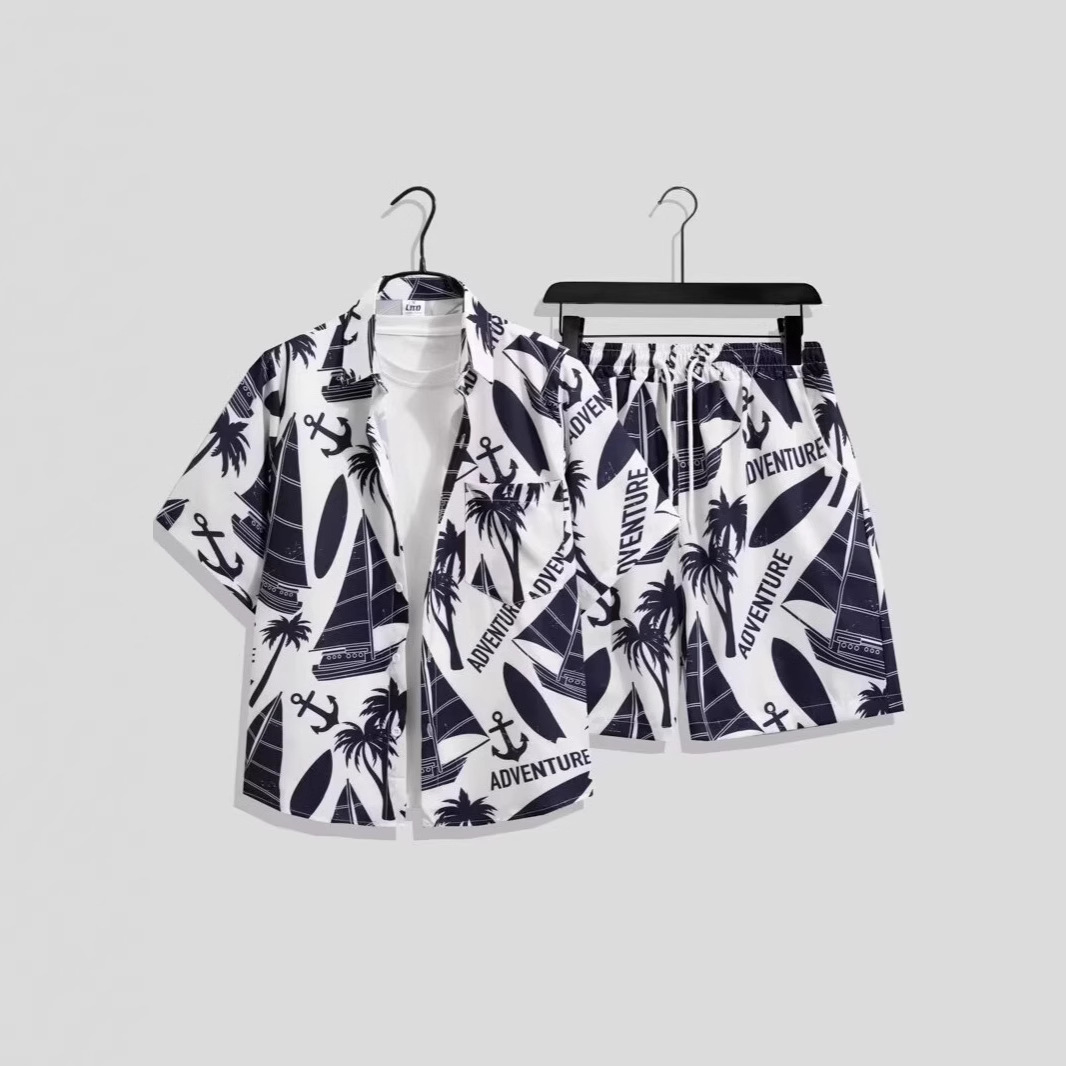 홍콩 스타일 복고풍 캐주얼 스포츠 정장 남성 반팔 꽃 셔츠 여름 Weiyi 태국 커플 반바지 비치웨어