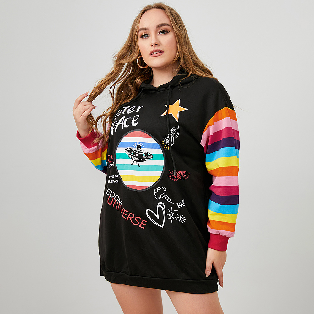 Plus Size Long-Sleeved Cartoon Print Mid-Length Hoodie NSWCJ112369