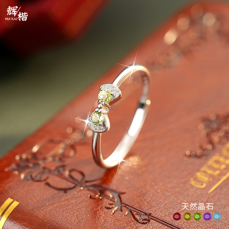 Niche Design Japanese-Style Bowknot S925 Sterling Silver Ring with Natural Crystal Stone, Fresh and Simple Adjustable Jewelry