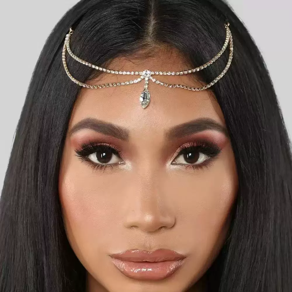 Европейская и американская трансграничная мода, подвеска для бровей в форме капли воды, многослойная цепочка со стразами на лбу, свадебное украшение на голову, повязка на голову, оптовая продажа