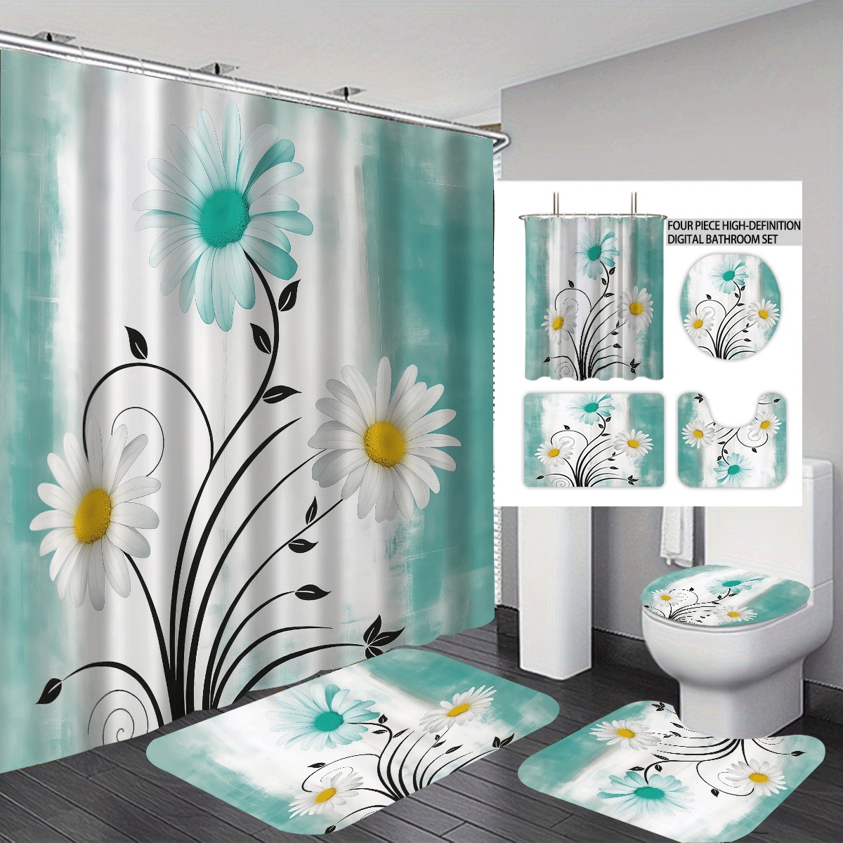 Agente de poliéster Mei Ke más cortina de baño impermeable serie de agua floral 3D impresión digital cortina de baño cuatro piezas alfombra absorbente