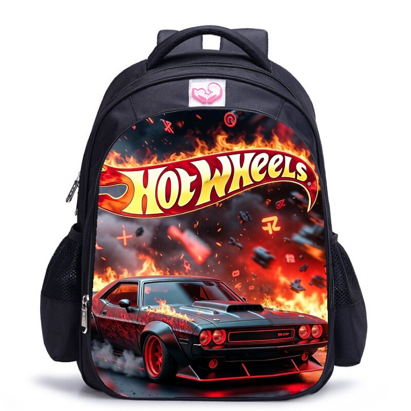 Cool flame sports car Hot Wheels print backpack with thick shoulder straps and large capacity, cartoon school bag for boys