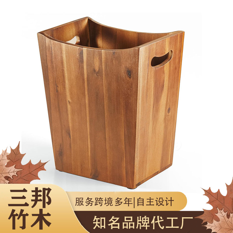 Acacia Wood Trash Can for Home Use, Vintage Style with Handle, Storage Bin for Bathroom and Kitchen, Non-Slip Wastebasket Acacia Wood Trash Can for Home Use, Vintage Style with Handle, Storage Bin for Bathroom and Kitchen, Non-Slip Wastebasket
