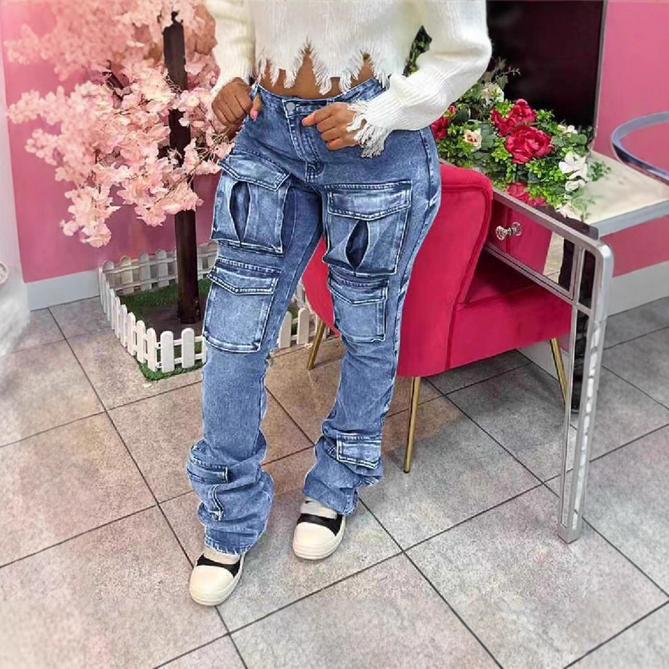 Women's Stacked Cargo Jeans – Stretch Denim Wide-Leg Pants With Utility Pockets (S-XL, Blue)_mkmklike.com