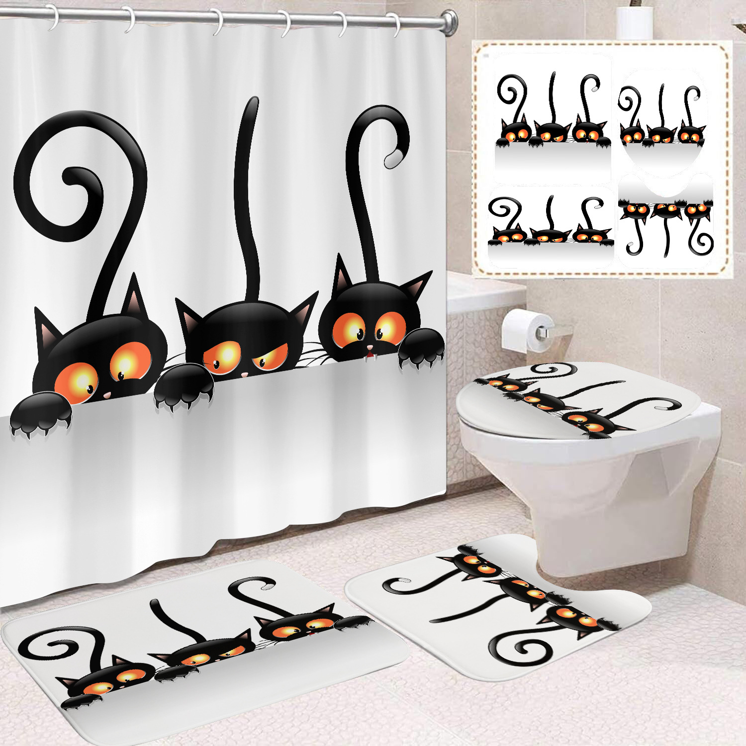 Fuente de fabricantes Amazon animales gatos niños cortina de ducha impermeable a prueba de moho cortina de ducha inodoro partición de baño divertido