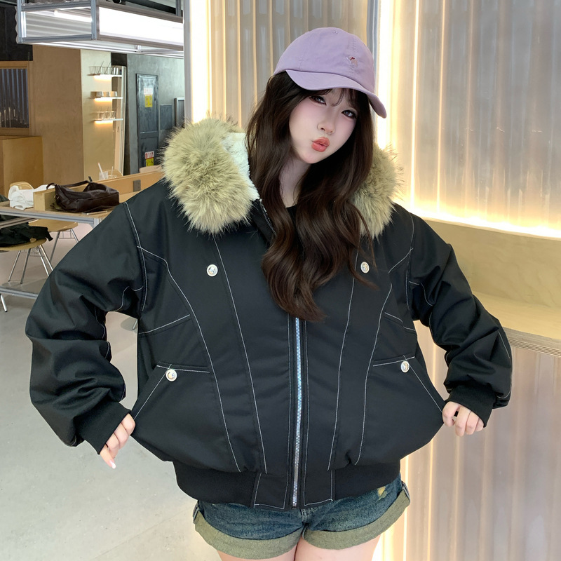미국식 빈티지 좌산 조각 큰 털넥 면복 여성 겨울파 극복 헐렁하고 두꺼운