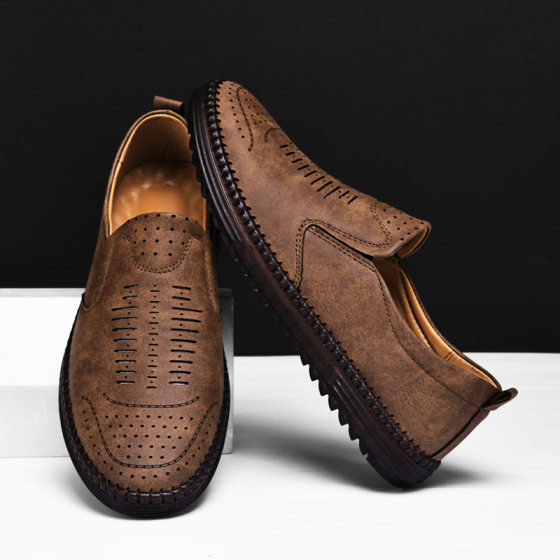 2025 Men's Shoes Outdoor Casual Shoes Slip-on Flat Handmade Leather Shoes Spring Low-top plus size Cross-border Loafer Noodles
