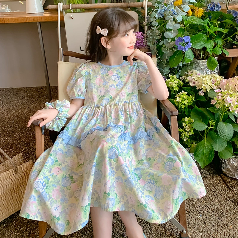Тонкое платье для девочек Одиночная цветочная детская юбка Летнее детское платье маленькая девочка хлопковое платье с короткими рукавами принцессы