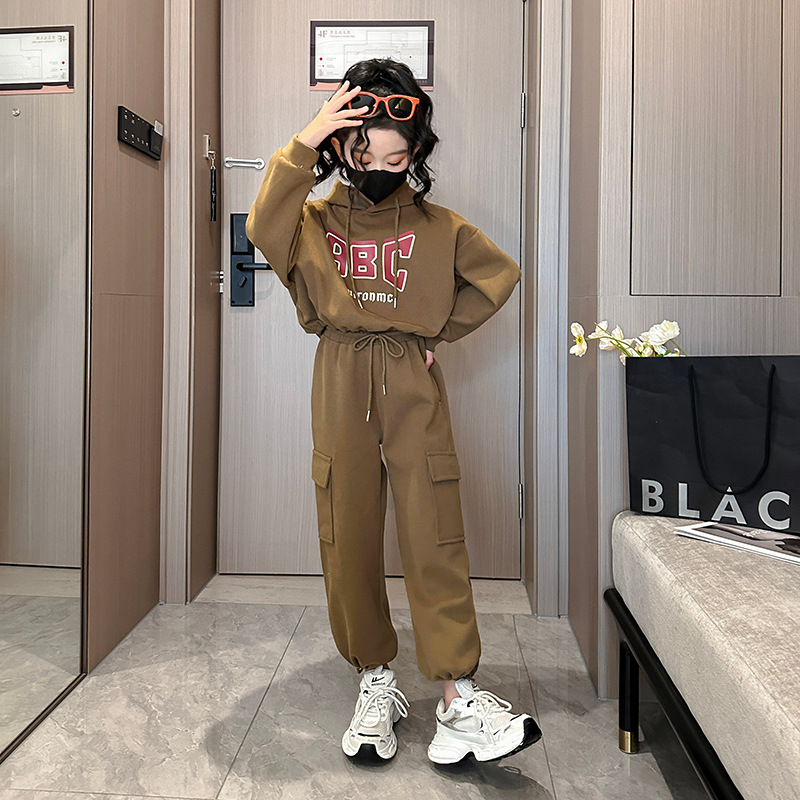 Children's clothing, girls' autumn fashion set, big children's long sleeved hooded sweatshirt, work pants, student_voghion.com