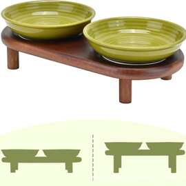 木质猫咪喂食器陶瓷碗狗狗进食器饮水碗木制双碗喂食器保护颈椎