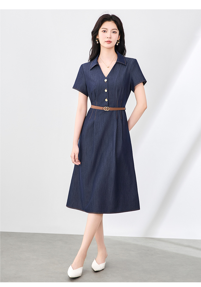 Váy liền denim sơ mi kiểu Pháp thắt eo thanh lịch — Màu xanh lam nhạt chi tiết 13