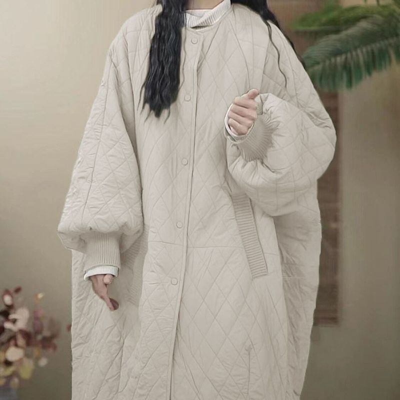 大码菱格羽绒棉衣棉服女外套长款轻薄棉袄冬季新款宽松保暖大衣女|undefined