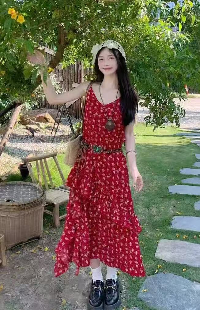 676#빨간색 서스펜더 스커트(벨트 포함)