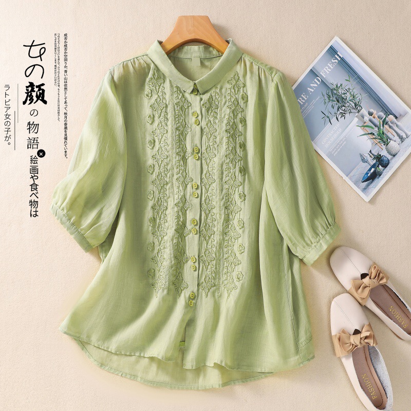 Real Shot of 2025 New Summer Style Literary Loose Embroidered Flower Lapel Three-Quarter Sleeve Shirt Women's Shirt Top # 8360