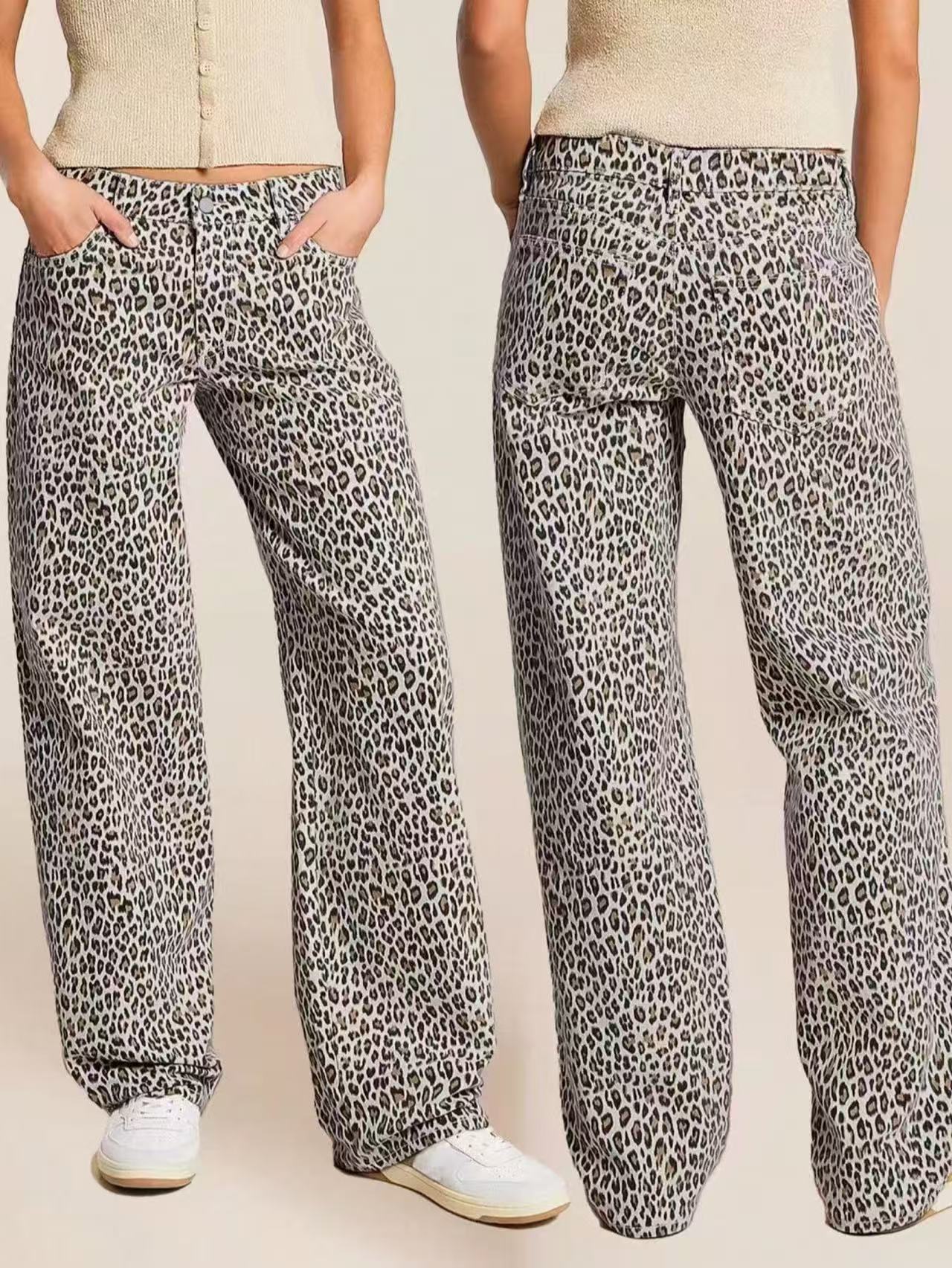 Jeans Rectos con Estampado de Leopardo para Mujer de Mezclilla, Alta Elasticidad, Tiro Medio, para Estilo Callejero