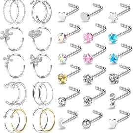 新款亚马逊钛钢鼻钉套装 组合套件高品质镶钻爱心鼻饰 唇钉耳钉