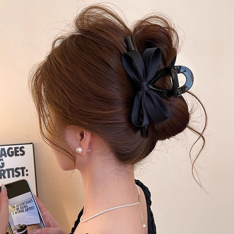 女性用のエレガントな黒のリボンクリップ、ハイエンドの2025年の新しいサメクリップ、後頭部のヘアクリップ、夏のヘアアクセサリー|undefined