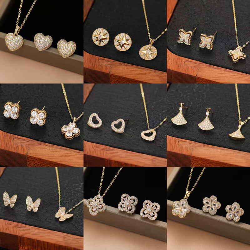 Cross-Border Hot-Selling Set Collection of Two-Piece Earrings and Necklaces Wholesale European and American Fashion Light Luxury Clavicle Chain Earrings Cross-Border Hot-Selling Set Collection of Two-Piece Earrings and Necklaces Wholesale European and American Fashion Light Luxury Clavicle Chain Earrings