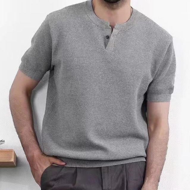 跨境2025年菠萝纹针法肌理感休闲简约男士时尚亨利领T恤纯色打底