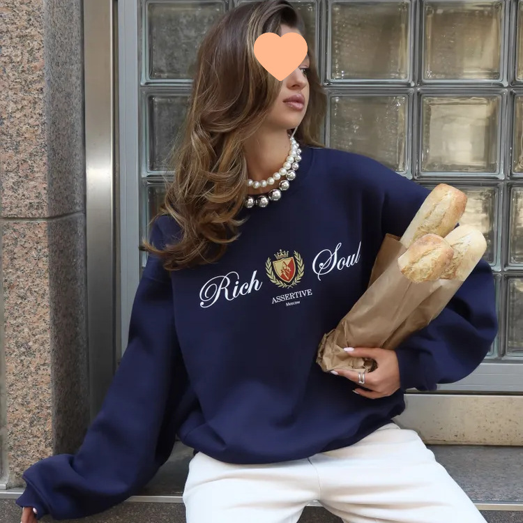 秋冬季欧美风多巴胺上衣百搭气质小众印花圆领加绒加厚保暖卫衣潮|undefined