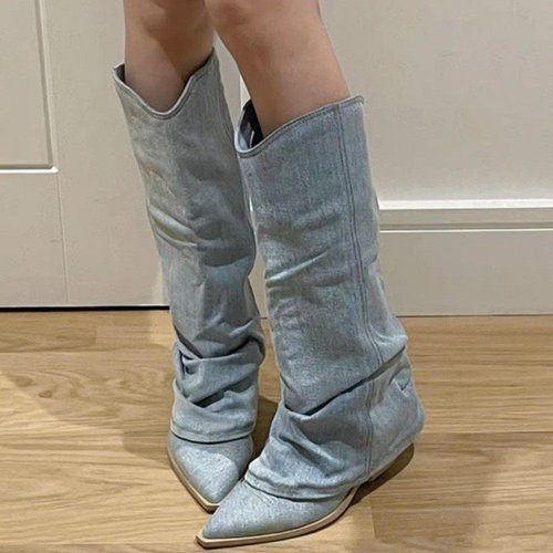 Women's pointed long boots, high-heeled western cowboy boots, retro large size thick sole wide-leg pants boots, tall cavalry boots