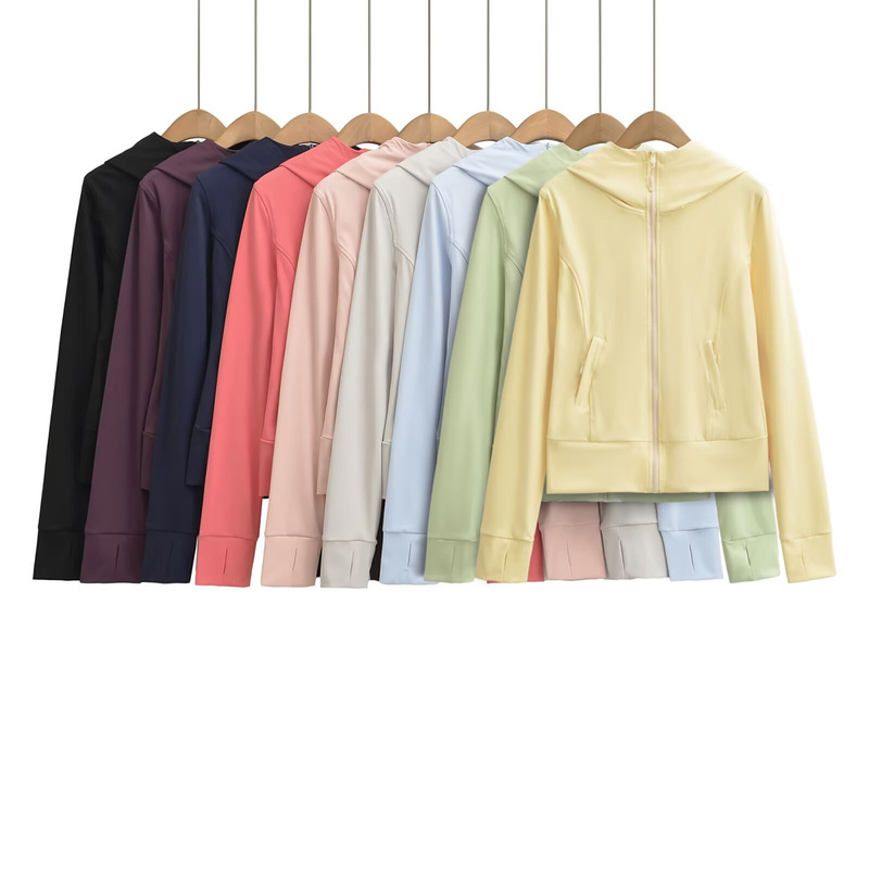 Sun-Protective Slim-Fit Hooded Sweatshirt Yoga Top Cardigan Jacket + High-Waisted Drawstring Straight-Leg Pants Sports Set