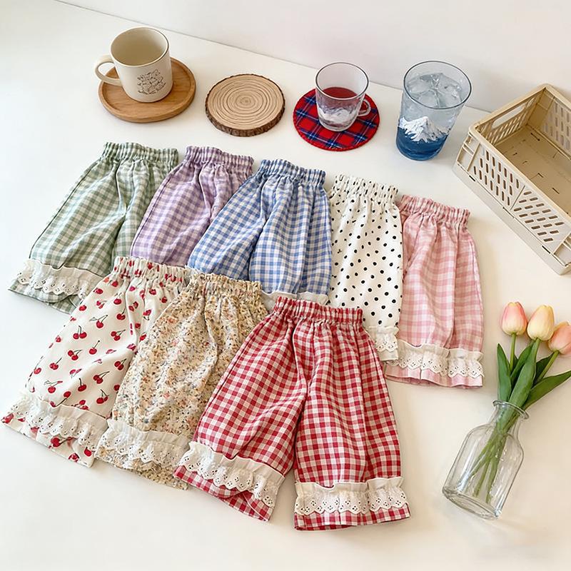 Amazon girls' summer Korean style plaid polka dot cherry floral lace trim loose chic cute cropped pants