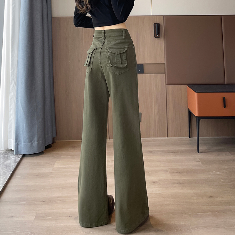 卡其色工装微喇牛仔裤女2025高腰宽松显瘦弹力不贴腿喇叭休闲裤子|undefined