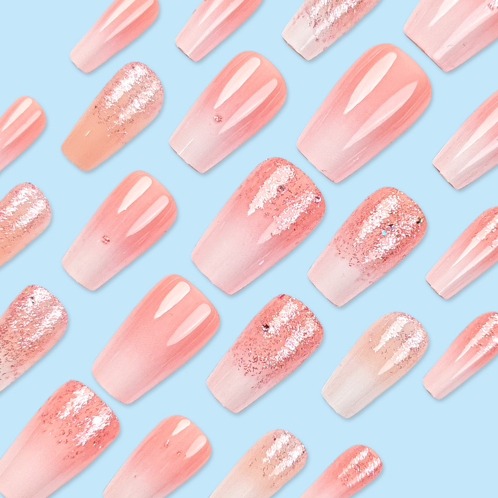 Chica caliente cielo estrellado rosa blanco gradiente uñas uñas brillo escalera corta temperamento uñas parche cruzado venta caliente