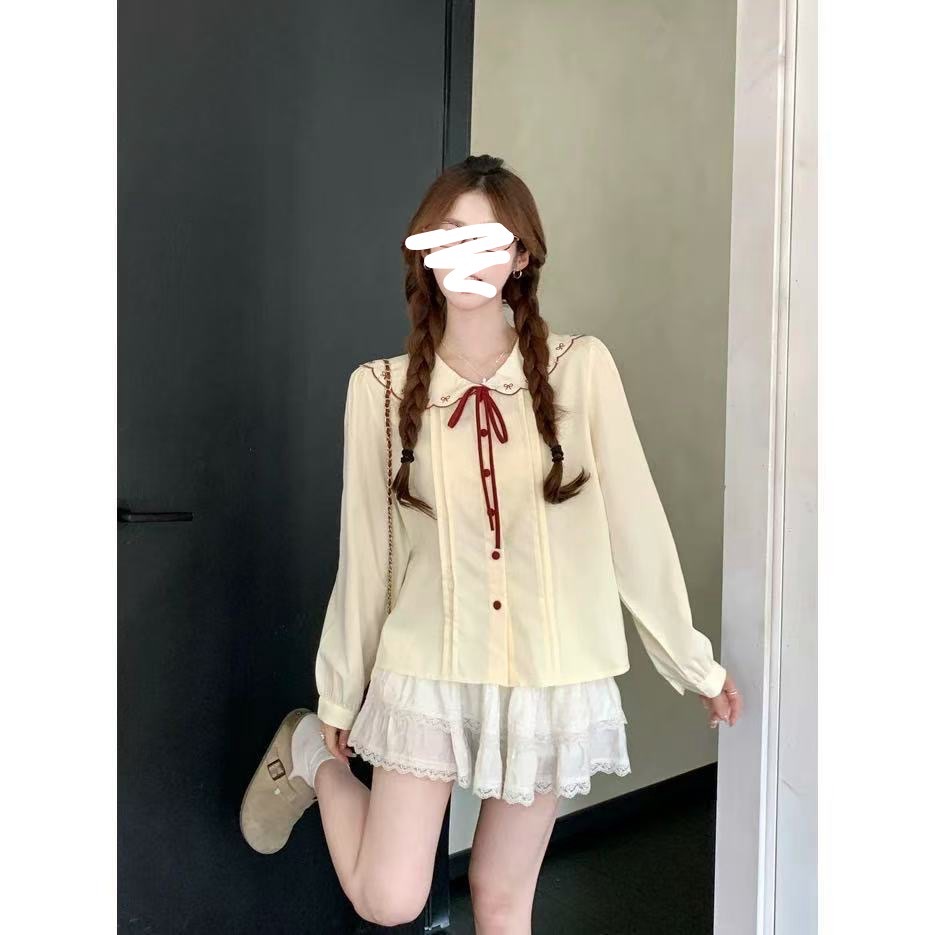 2025秋季新款甜美风宽松蝴蝶结系带刺绣娃娃领显白长袖衬衫上衣女