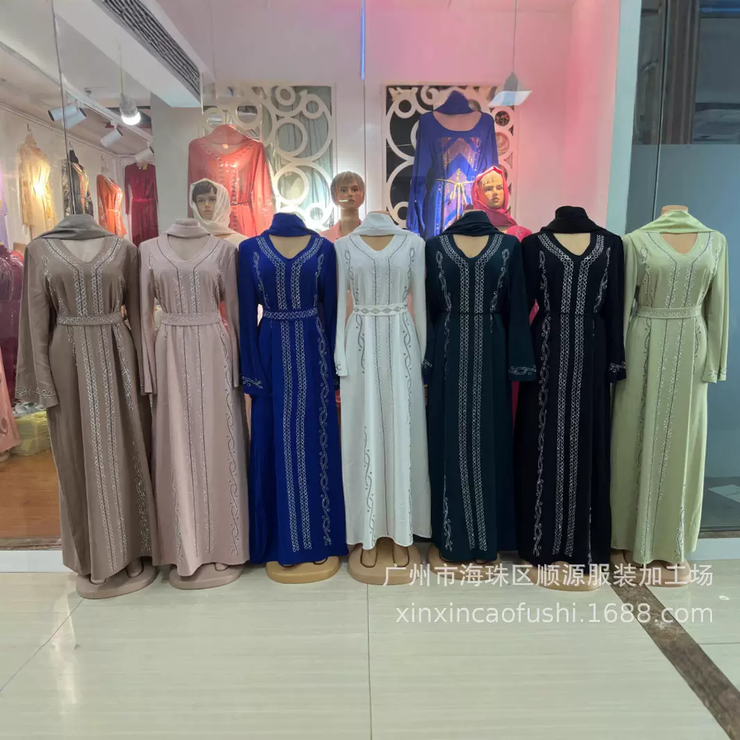 大码女装穆斯林长袍连衣裙烫钻长裙长袖女裙子服装服饰秋季新白色