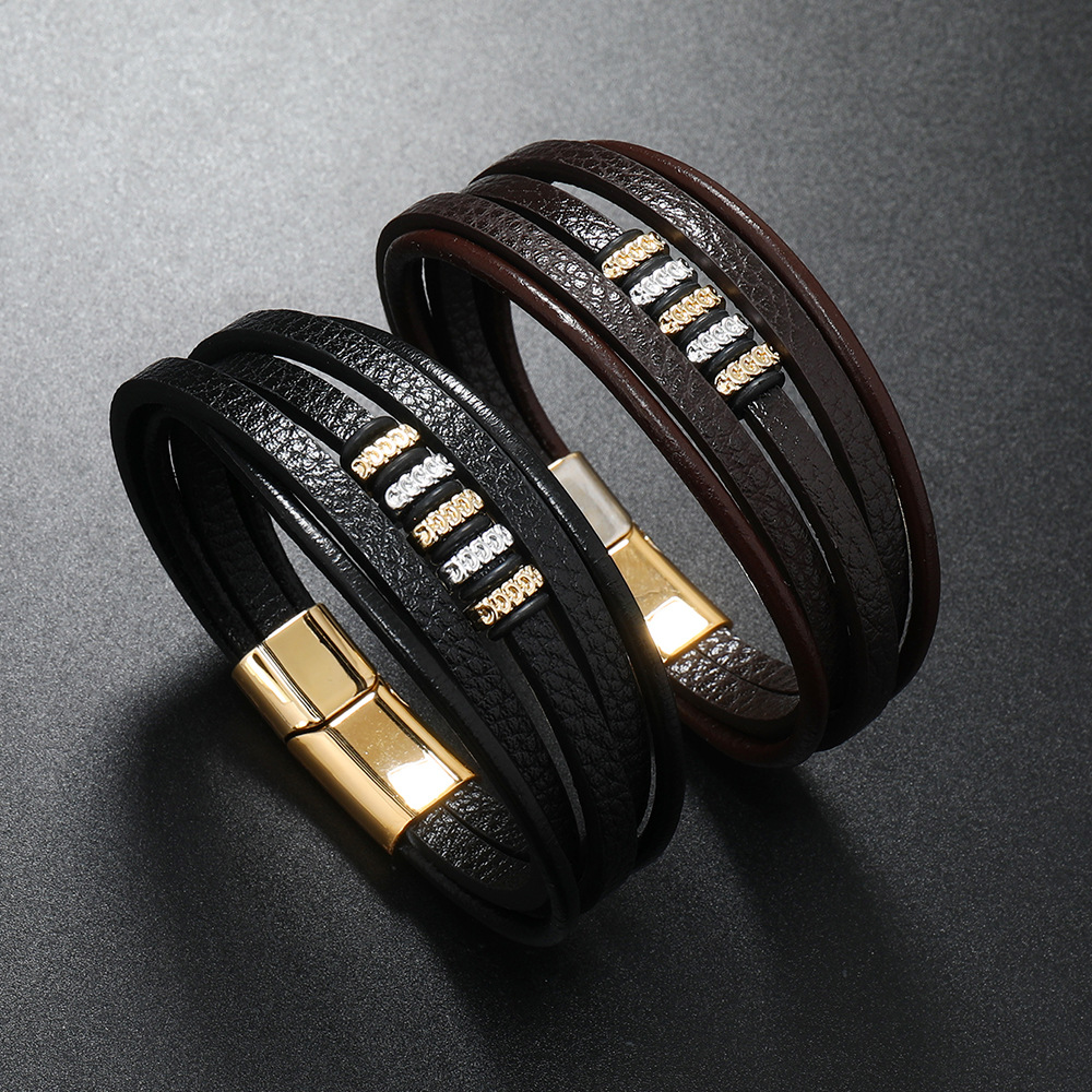 Factory Direct Sales Cross-Border Popular Magnetic Buckle Leather Rope Bracelet Men's Multi-Layer Simple Braided Leather Bracelet Wholesale Handmade